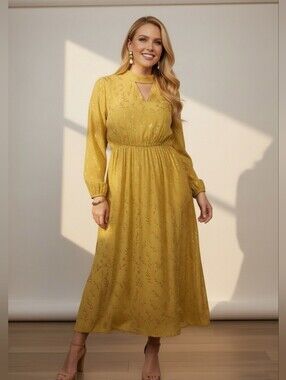Beautiful Yellow Long Sleeve Maxi Dress with Gold Metallic Leaf Detail